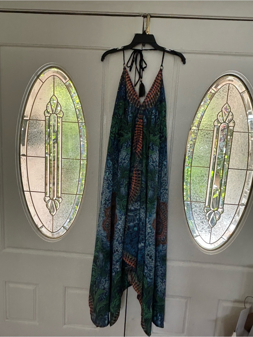 Asymmetrical Halter Maxi Dress in Blue Green Paisley